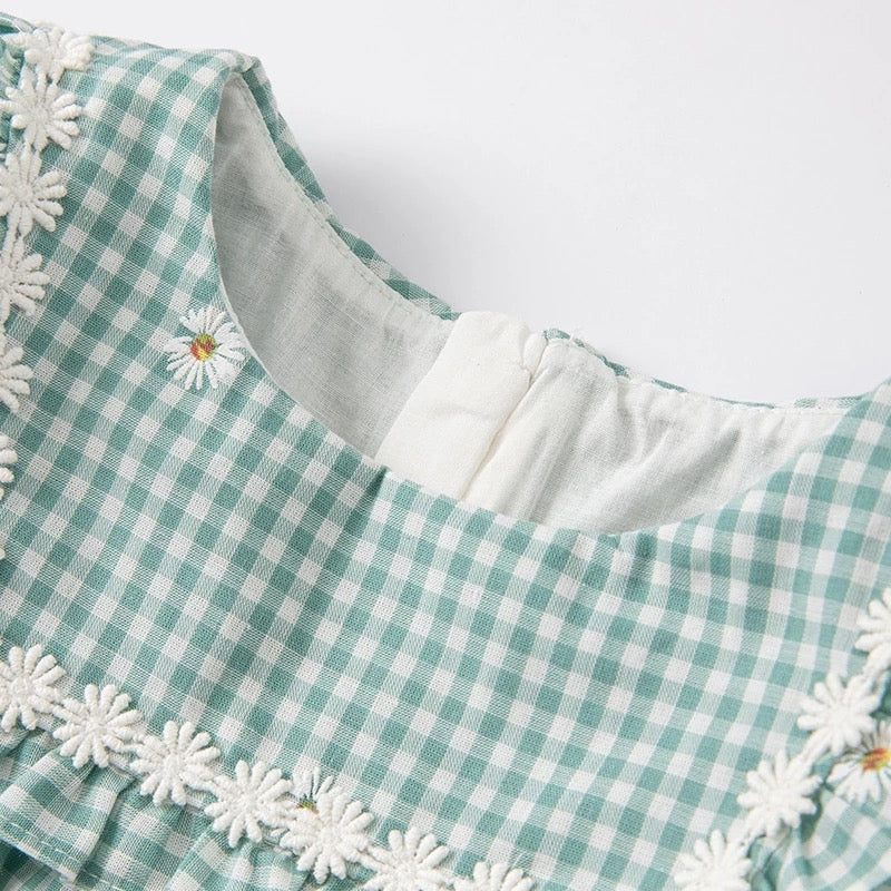 dave&amp;bella Dave Bella Flower embroidery green gingham check dress DB2221706