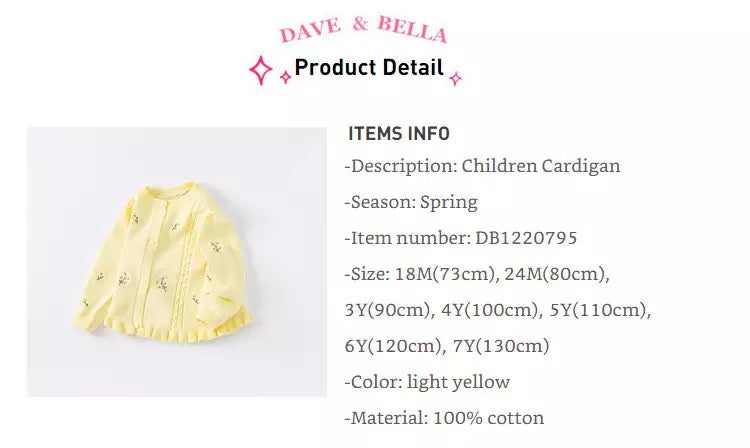 dave&amp;bella Dave Bella flower embroidery lemon yellow cardigan DB1220795