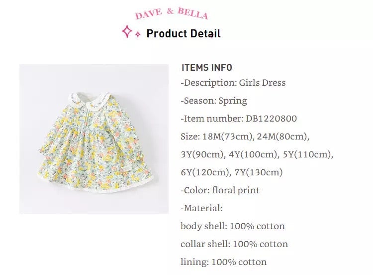 dave&amp;bella Dave Bella Flower embroidery collar yellow green floral dress DB1220800