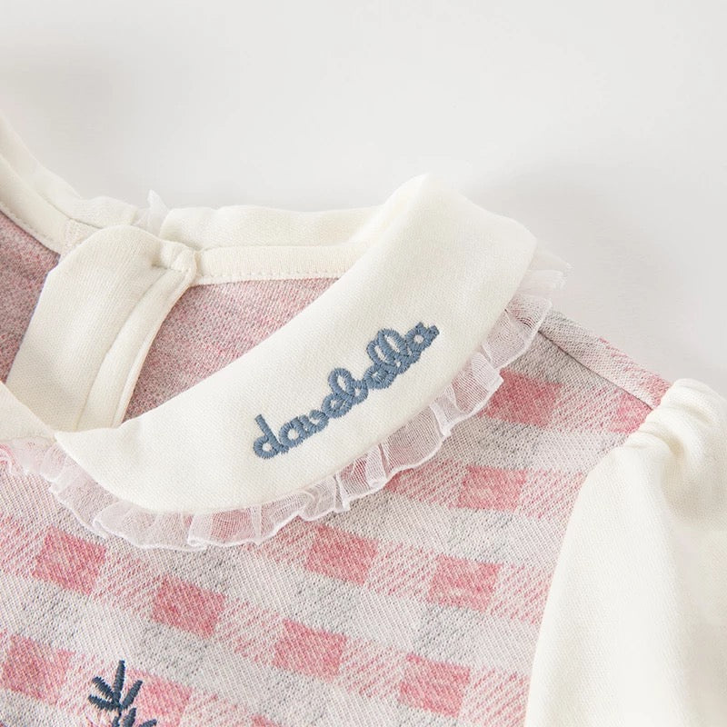 dave&amp;bella Dave Bella Flower &amp; Rabbit Embroidery Pink Check Dress DB3223117