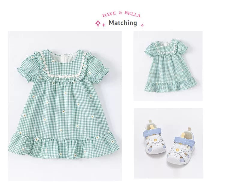 dave&amp;bella Dave Bella Flower embroidery green gingham check dress DB2221706