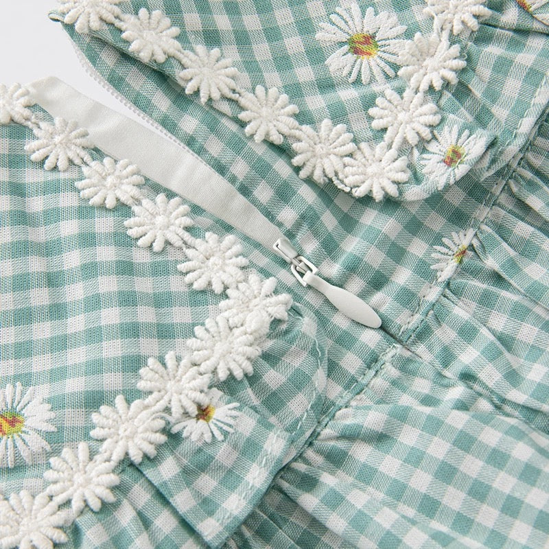 dave&amp;bella Dave Bella Flower embroidery green gingham check dress DB2221706