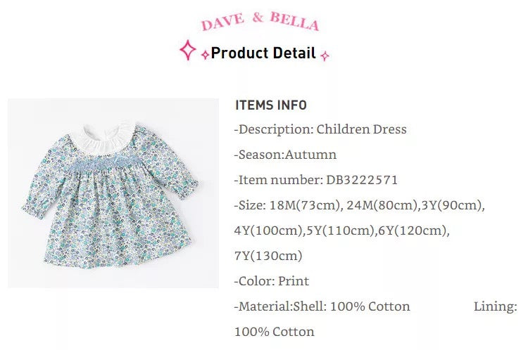 dave&amp;bella Dave Bella Blue Floral Smocking Dress DB3222571
