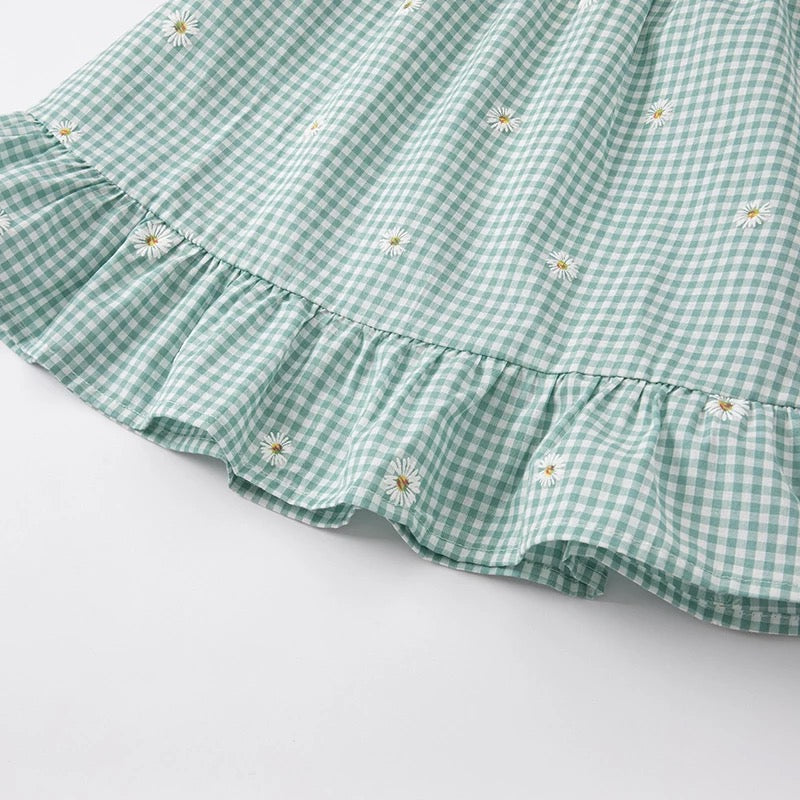 dave&amp;bella Dave Bella Flower embroidery green gingham check dress DB2221706