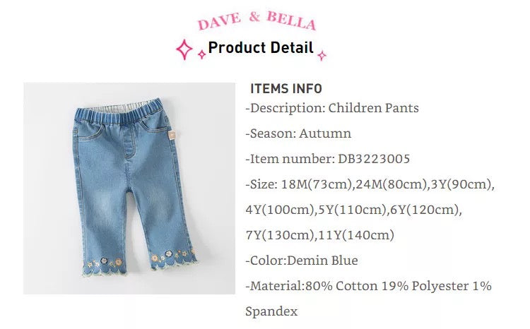 dave&amp;bella Dave Bella flower embroidery denim pants DB3223005 110cm
