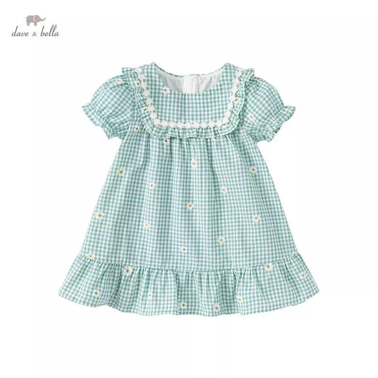 dave&amp;bella Dave Bella Flower embroidery green gingham check dress DB2221706
