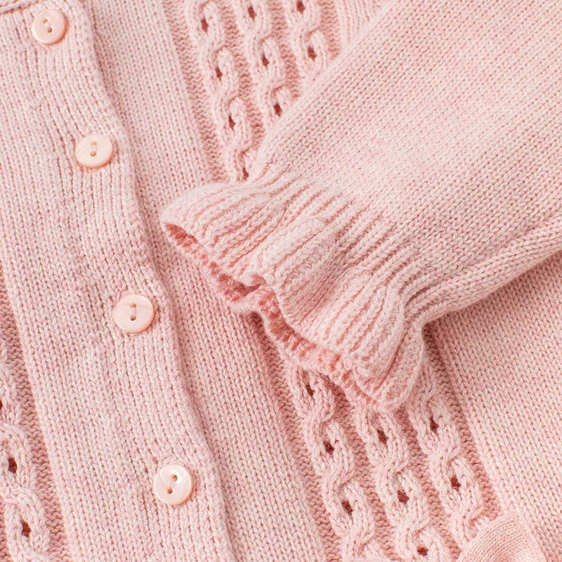 dave&amp;bella dave bella pink ruffle ribbon cable knit cardigan
