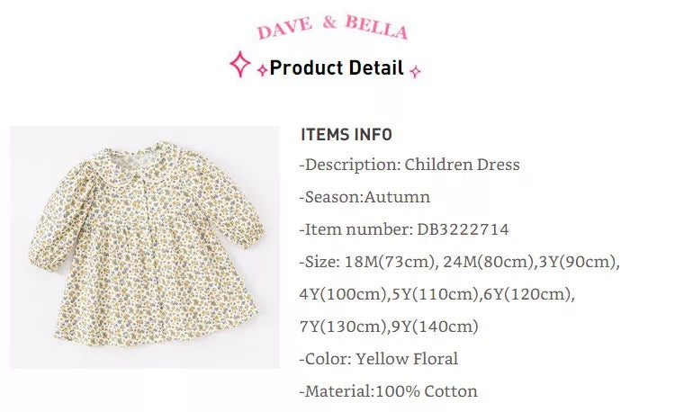 dave&amp;bella Dave Bella Yellow Blue Floral Dress DB3222714