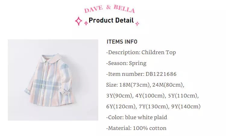 dave&amp;bella Pale color check blouse DB1221686 90cm