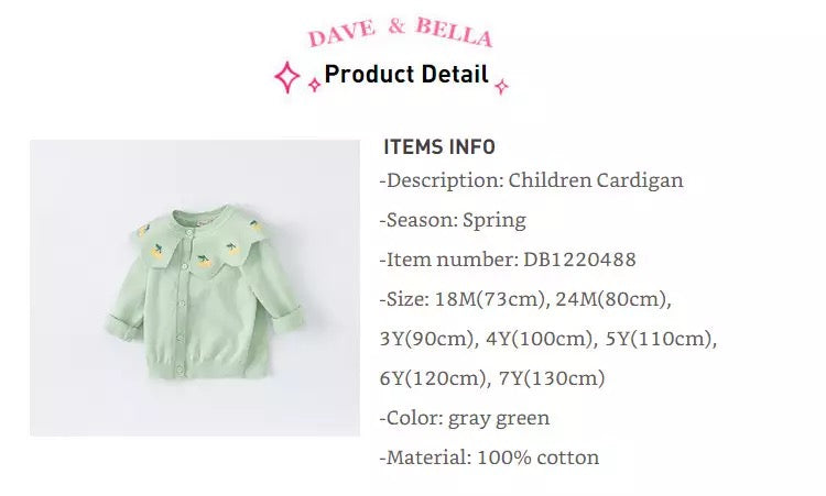 dave&amp;bella Dave Bella cherry embroidery big color light green cardigan DB1220488