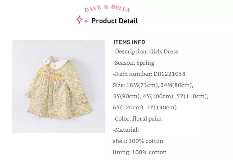 dave&amp;bella Dave Bella Tulip embroidery collar yellow floral dress DB1221058