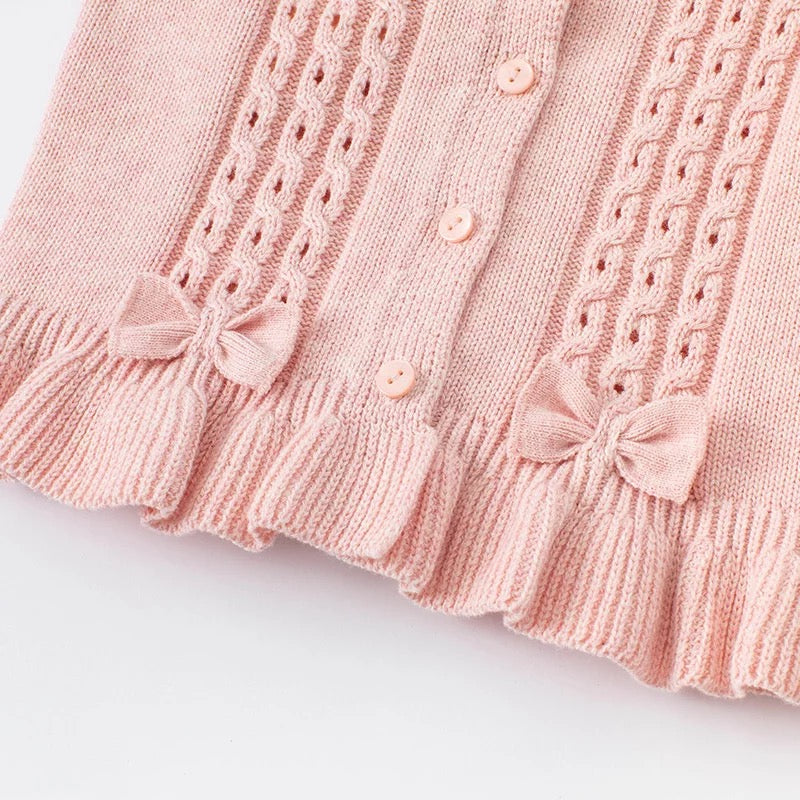 dave&amp;bella dave bella pink ruffle ribbon cable knit cardigan
