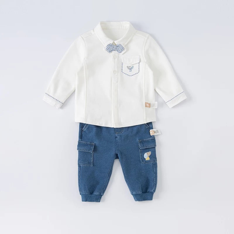 dave&amp;bella Dave Bella logo embroidered shirt with blue stripe bowtie DB1220739