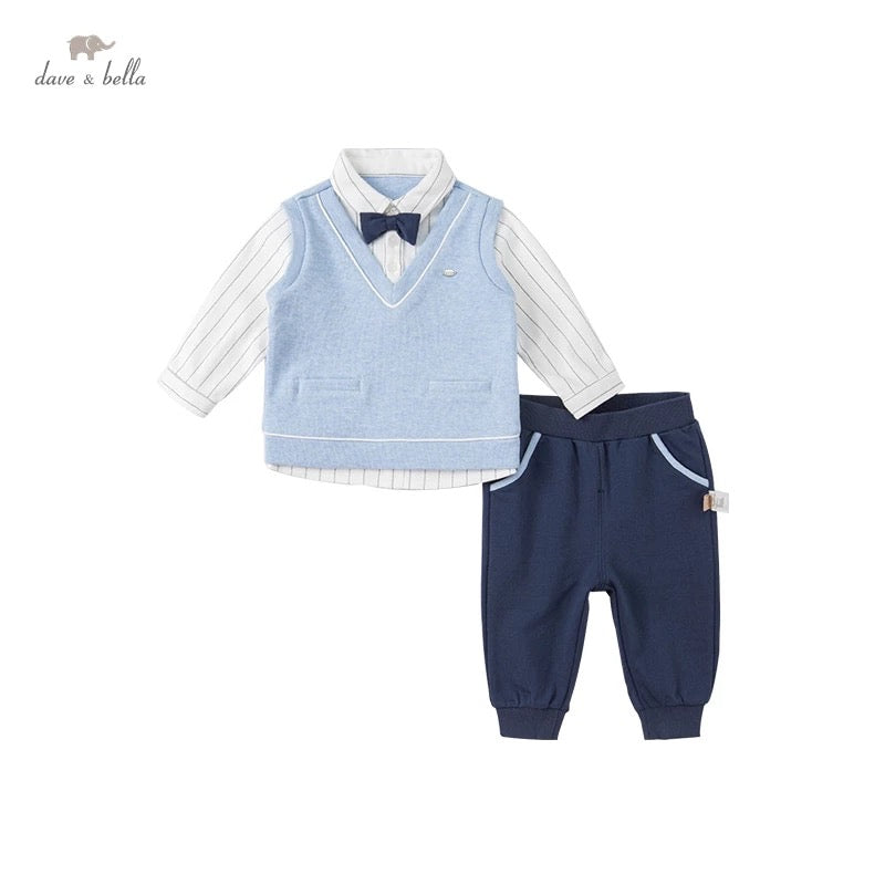 dave&amp;bella Light blue vest docking tops with bowtie &amp; navy pants set DB1220499