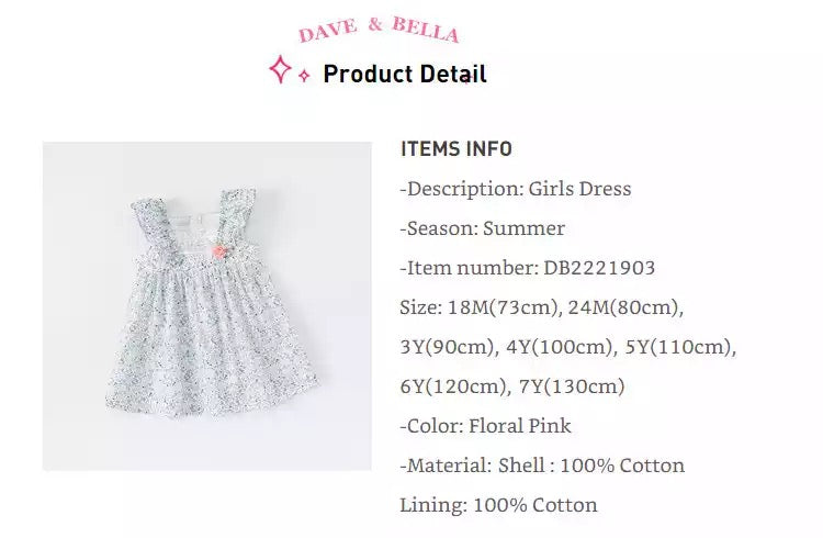 dave&amp;bella Dave Bella Ruffle Sleeve Floral Dress DB2221903 90cm